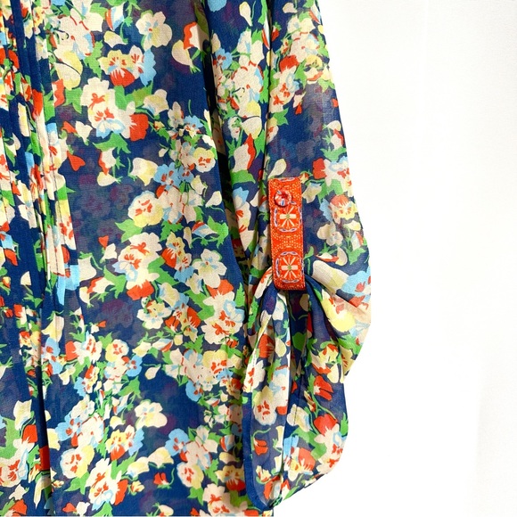 DANIEL RAINN FLORAL MIXED PRINT SEMI-SHEER PLEATED POP-OVER TUNIC BABYDOLL SzM - Picture 6 of 8